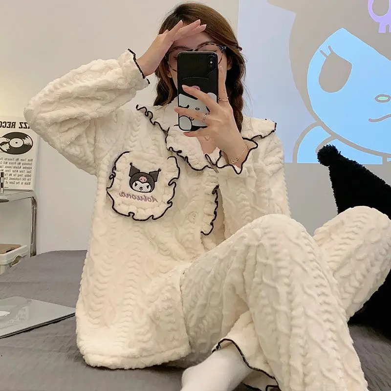 

Sanrio's New Kuromi Pompompurin Coral Velvet and Velvet Thickened Pajamas for Women To Wear As Warm Home Clothes