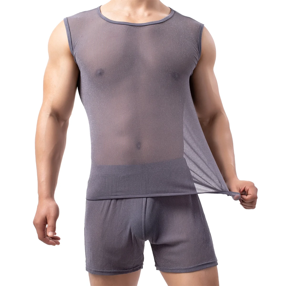 Mens Tank Top Mesh See Through Vest Sleeveless Undershirts Sheer Fitness Muscle Singlet  Boxer Shorts Sleepwear Mens Clothes Set