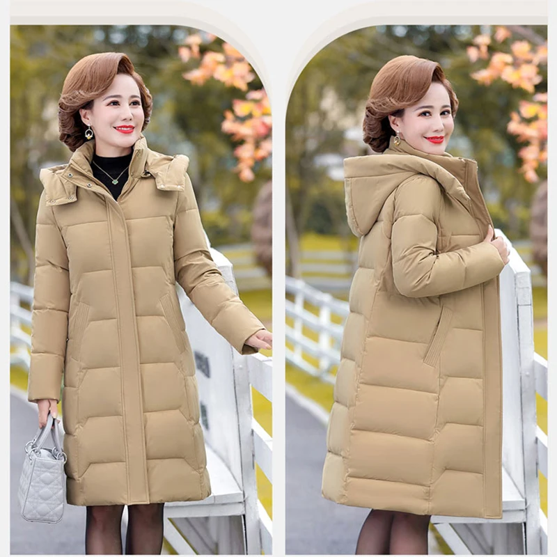 Middle-aged elderly mid-length over-the-knee cotton coat women's 2022 new down cotton coat mother clothing winter hooded clothes