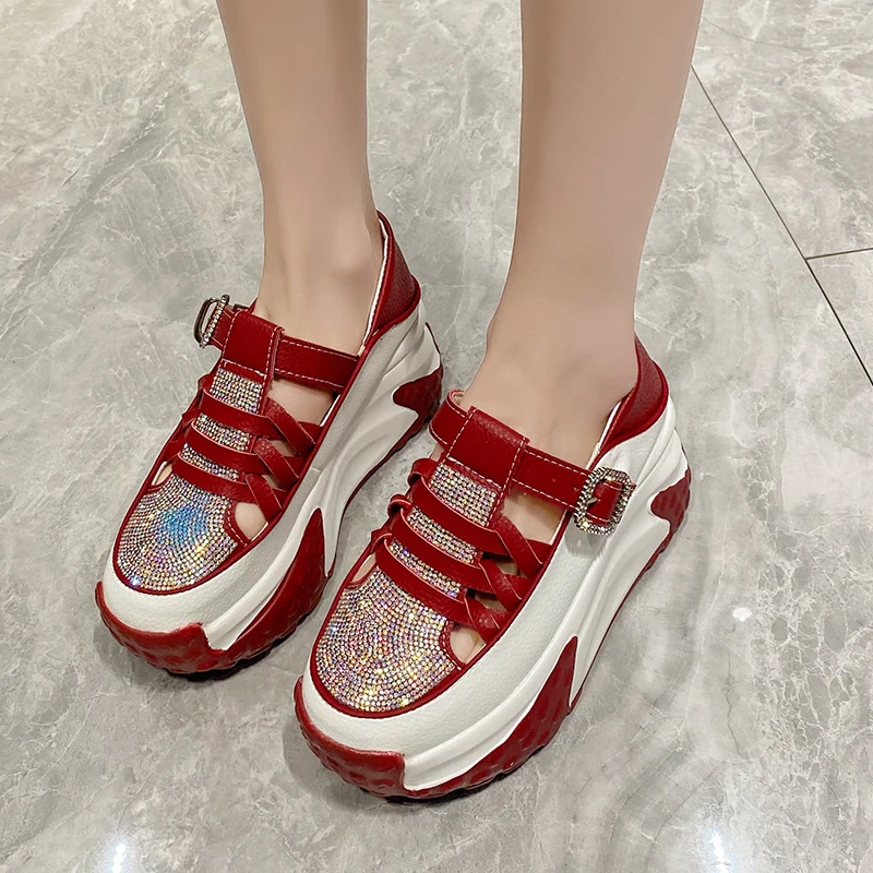 Women Rhinestone Casual Shoes Summer Platform Hidden Increasing Sneakers PU Leather Shoes New Woman Breathable White Black Shoes
