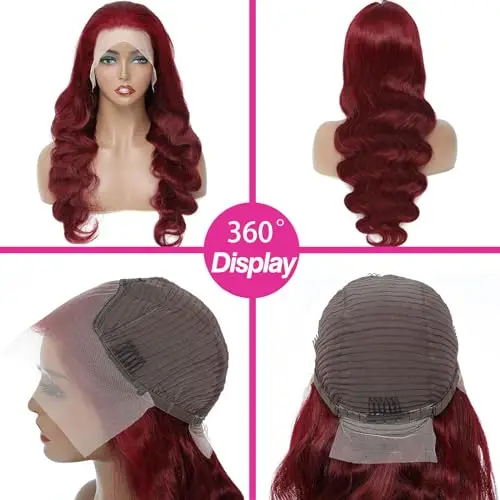 Фото Парик Full Frontal Lace 13x4/13x6, цвет 99J Бордовый, с эффектом Body Wave, плотность 180%, длина 20-34 дюйма, 100% натуральные необработанные волосы Virgin Human Hair №3