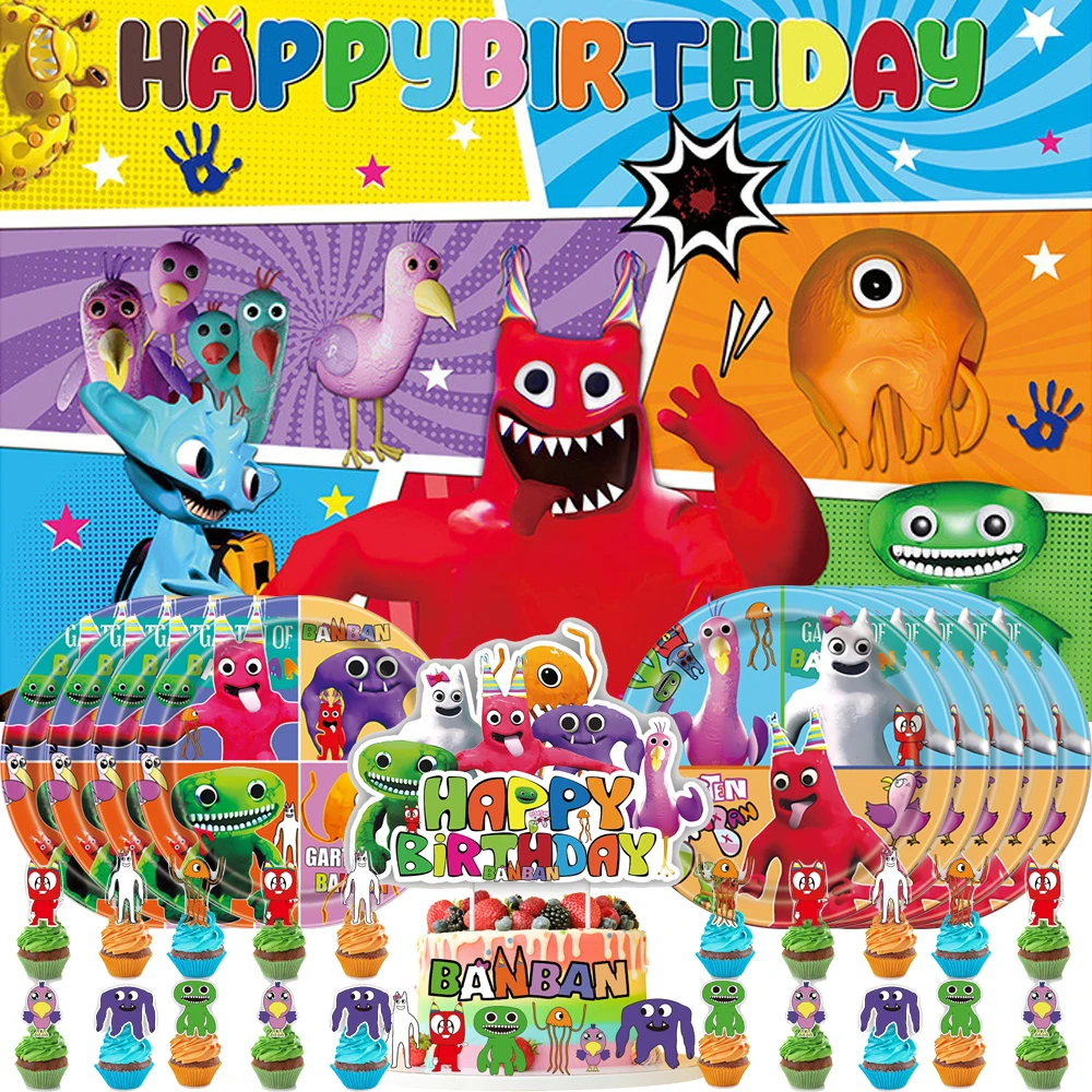 

Garten of BanBan Birthday Party Decoration Rainbow Friends Baby Shower Paper Cup Plates Banner Balloons Backdrop Decor for Kids