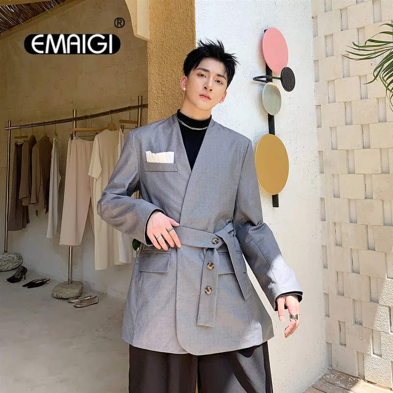 

Мужской пиджак без воротника, новый осенний Блейзер, Мужская Уличная одежда на шнуровке с поясом, винтажное модное платье для шоу вечерние, костюм, пальто, блейзеры для мужчин