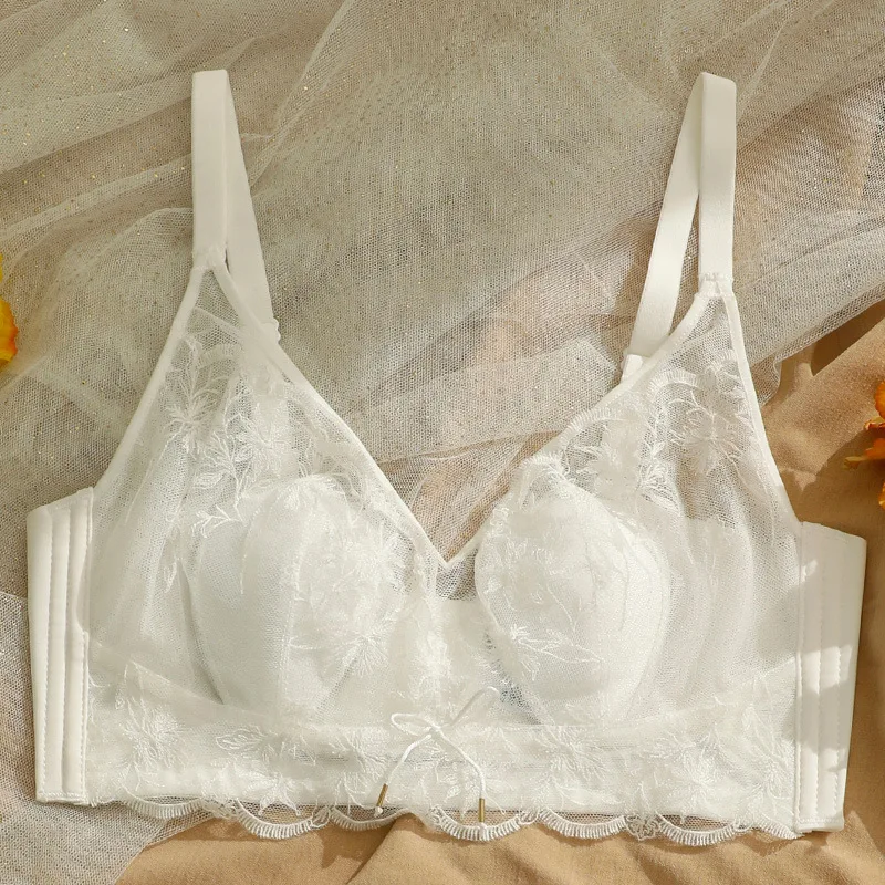 Sexy ultra-thin bra and panty set lace lingerie suit women's thin bra gathers breasts bralette four-breasted lingerie underpant