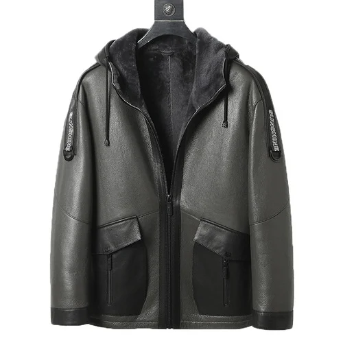 

Высококачественная Мужская натуральная куртка, зимняя мужская куртка из натуральной овечьей кожи, мужская теплая куртка с капюшоном, Короткие шубы