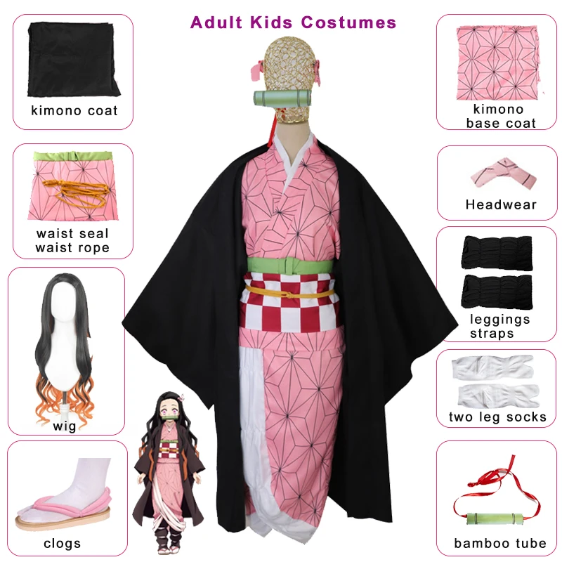 

Cosplay Adult Kids Anime Demon Slayer Kimetsu no Yaiba Kamado Nezuko Women Kimono Shoes Wig Tooth Mouth Stick Cosplay Costume