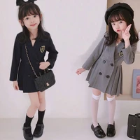girls western style clothes dress 2022 autumn baby girls fashion double breasted long sleeve pleated dress