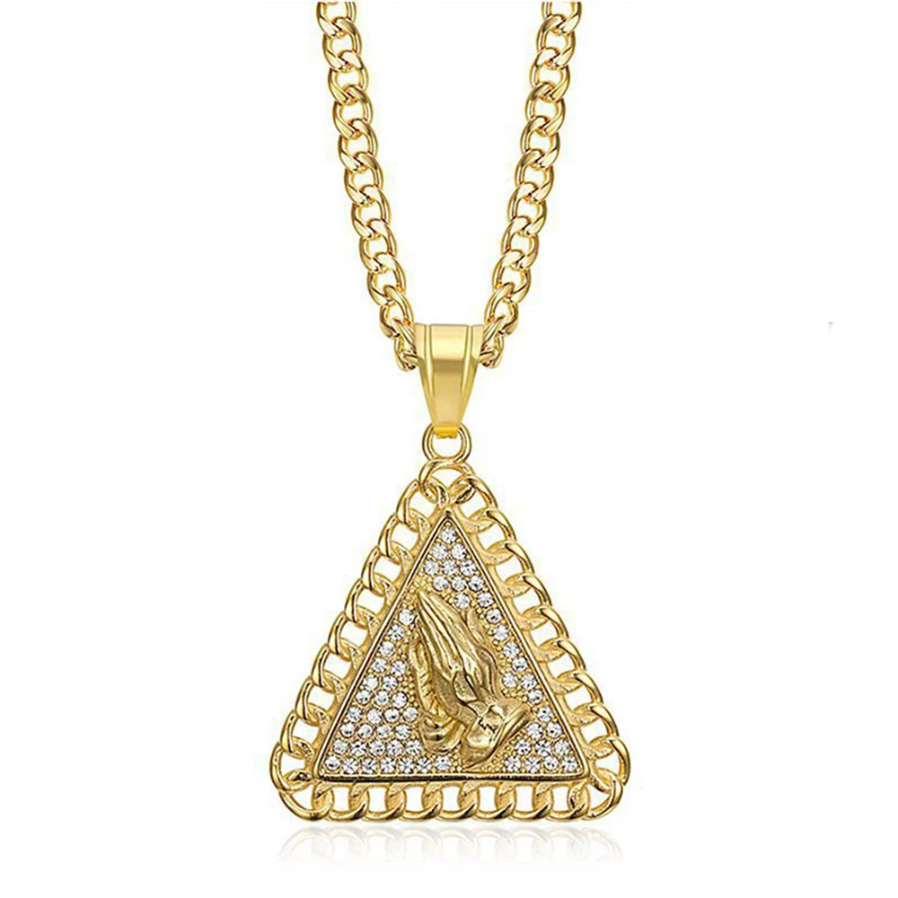 

Hip Hop Iced Out Praying Hands Necklace Men Gold Color Stainless Steel Cuban Chain & Pendant For Male Jewelry Wholesale