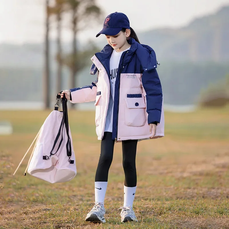 Длинный детский свободный утолщенный пуховик для девочек красный фиолетовый