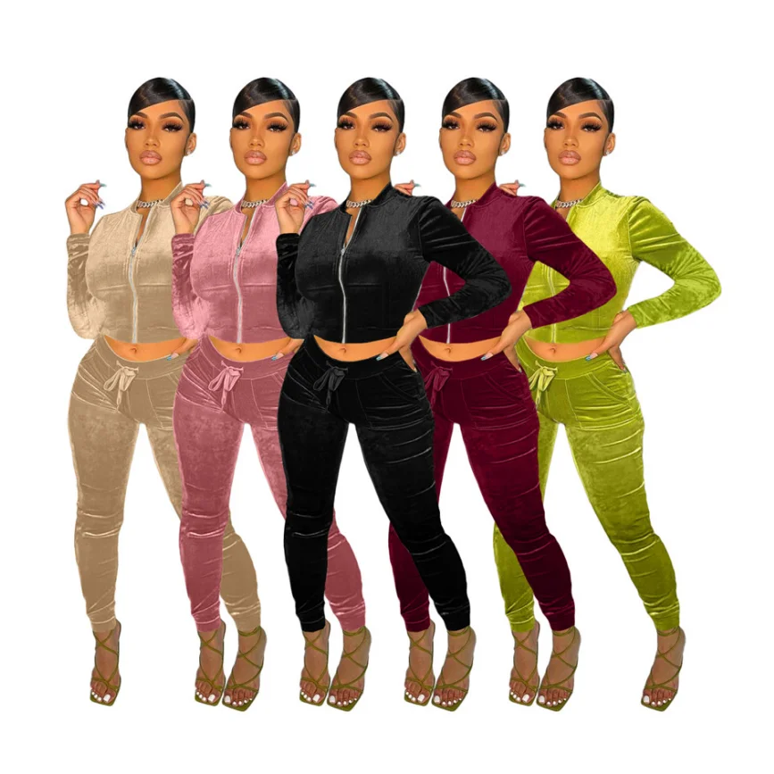 

Женский Бархатный спортивный костюм, комплект из 2 предметов, велюровые брюки с длинным рукавом, женская одежда 5784