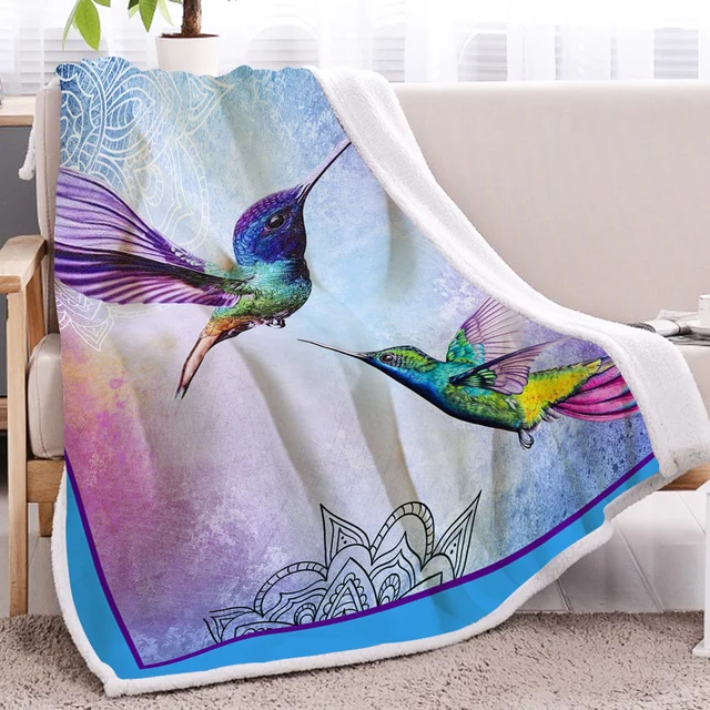 BlessLiving 3D Birds Mandala Print Sherpa Fleece Blanket Purple Background Colorful Animal Bohemia blanket For Couch Sofa Bed 3