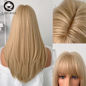 7JHH Wigs Blonde Color Long Straight Synthetic Wig with Bangs Woman Natural Wigs Heat Resistant Fake Hair for Cosplay Girls 4