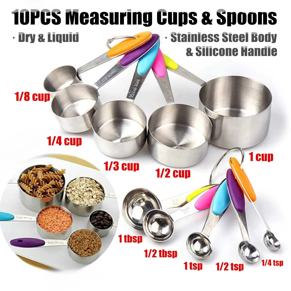 

10Pcs Measuring Cups Ingredients Measuring Spoons Kitchen Scoop Set Stainless Steel Silicone for Baking Tea Coffee Measuring