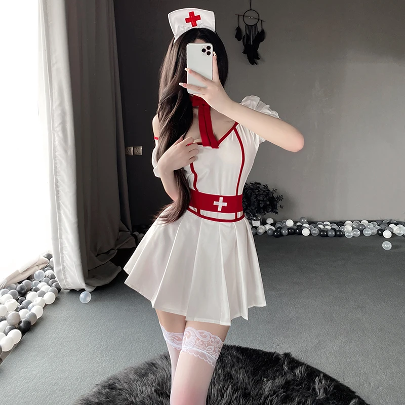 

2022 New Sexy Lingerie Nurse Uniform Anime Exotic Cosplay Costumes Open Crotch Bodysuit Skirt Suit Set Club Stage Show Clothing