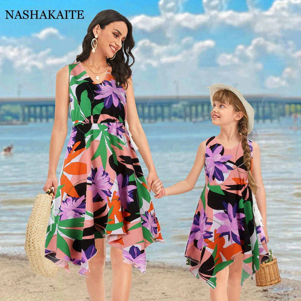 

Summer Mom and daughter family look bohemia Hawaiian Resort Drawstring Dress Mommy and me clothes matching family outfits