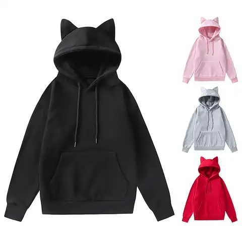 Womens Long Sleeve Rabbit Hoodie Sweatshirt Pullover Tops Sweatshirts Cat With Ears Kawaii 2023 New