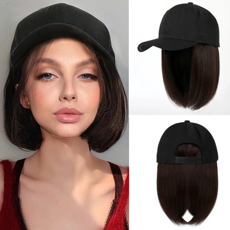 

LANLAN Short Straight Bob Hat Wig Hair Extension Baseball Cap Synthetic Black Brown Wig Hat Natural Connection