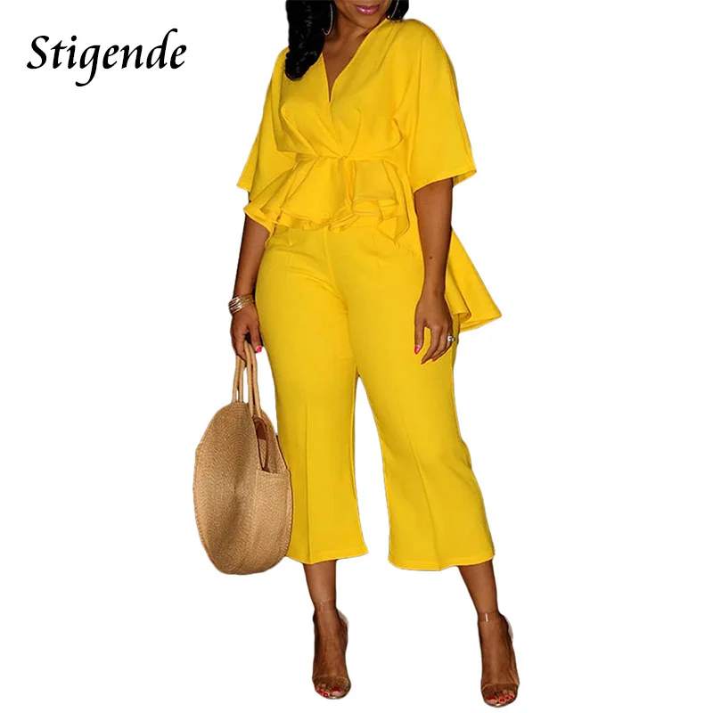 

Solid Color Bodycon 2 Piece Set Outfits Summer Yellow Two Piece Set Women V Neck Ruffle High Low Crop Top and Pants