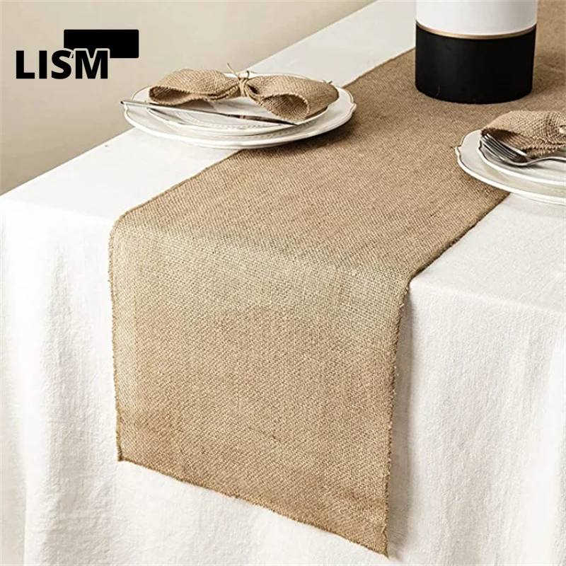 

Jute Linen Vintage Natural Burlap Table Runner Rustic Dinner Table Decor Gray Khaki Country Wedding Decoration Birthday Party