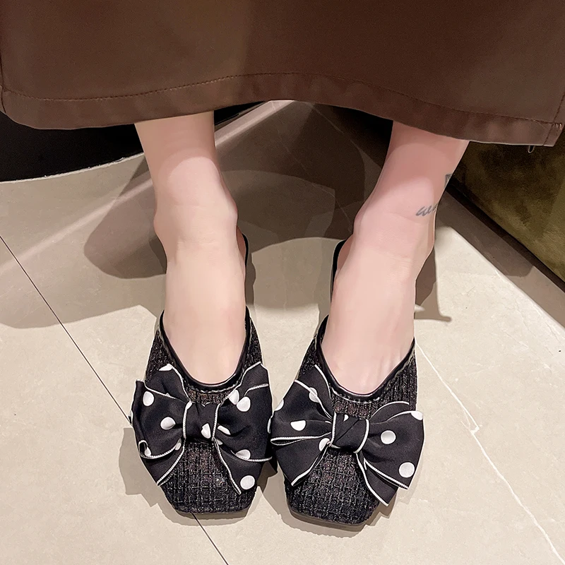 Сандалии женские сетчатые плоская подошва квадратный носок бант на голове