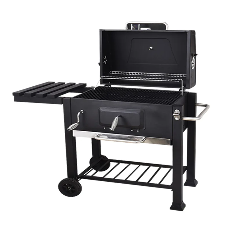 

2023 Manufacturer 6-10 People European Big Barbecue Black Outdoor Meat Smoker Square Large Charcoal Trolley Bbq Grill With Side