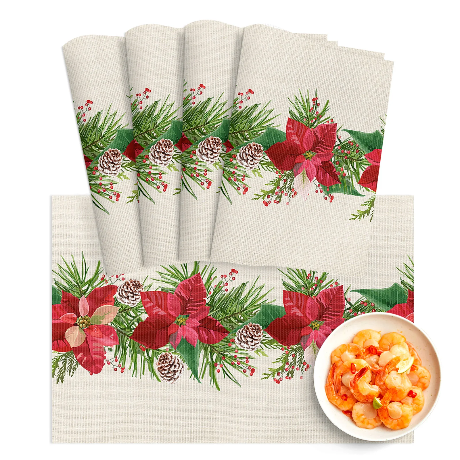 

4/6Pcs PVC Placemats Christmas Poinsettia Flower Pine Cones Dining Disc Pads Bowl Coasters Plate Bar Kitchen Coffee Table Mat