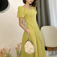 elegant women green dress puff sleeve square neck vintage party dress waist slit robe female clothing summer vestidos