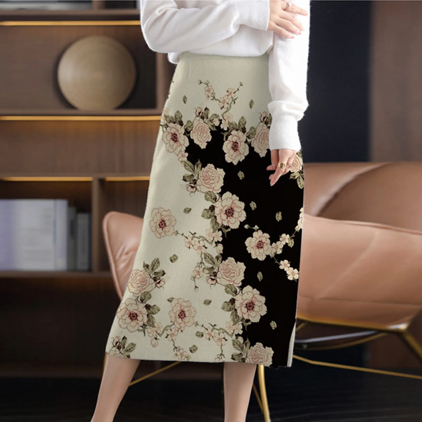 

Зимняя женская длинная облегающая юбка-карандаш в рубчик с разрезом и эластичной талией, теплая тёмная мини-юбка с цветами, плиссированная