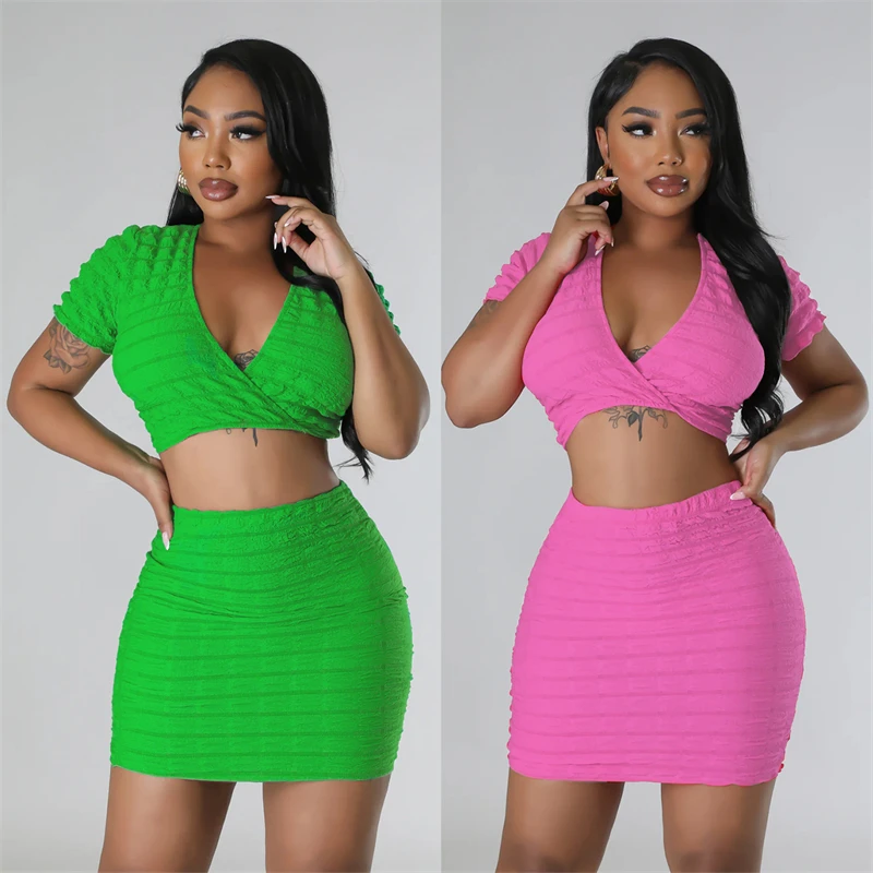 

Seersucker Stacked 2 Piece Skirts Sets Women Sexy V Neck Short Sleeve Crop Top High Waist Bodycon Mini Skirt Summer Casual Suits