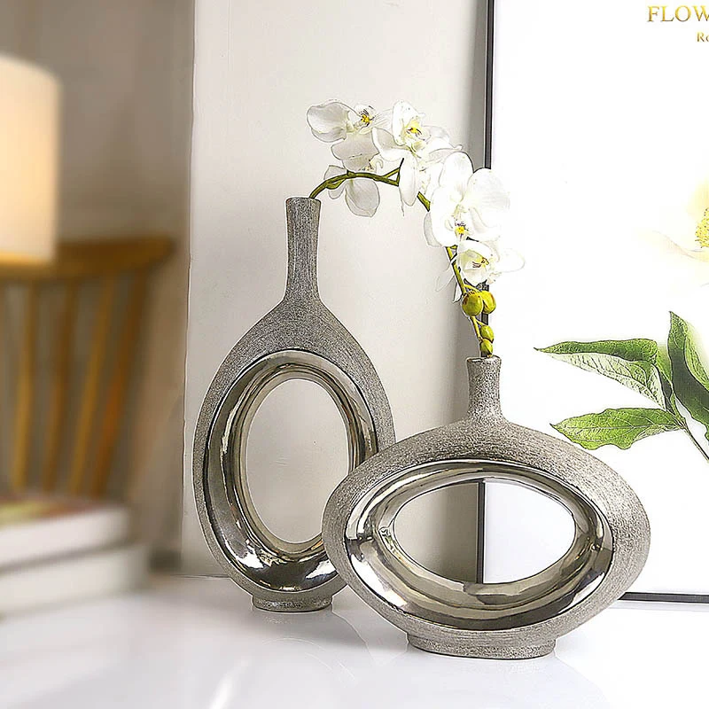 

Nordic Luxurious Home Decoration Electroplated Circular Hollow Ceramic Vase Living Dining Room Accessories Dried Flower Pot Gift