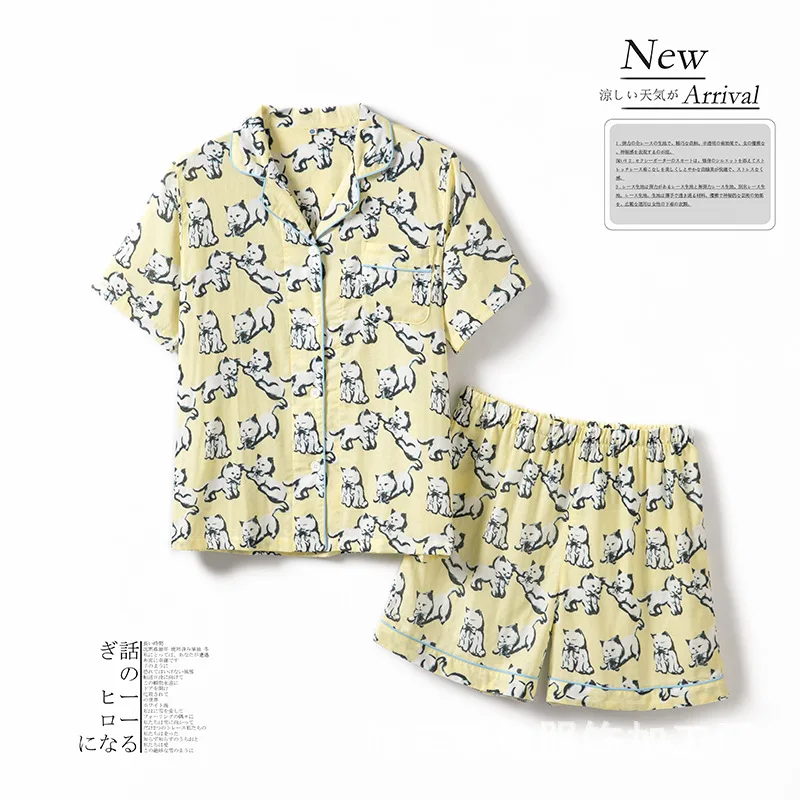 Nude feeling pure cotton gauze pajamas female summer new short-sleeved thin home clothes set