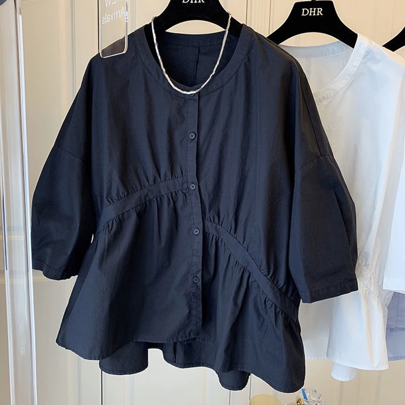 

Футболка женская плиссированная в Корейском стиле, винтажный Топ для офиса, Свободная Повседневная рубашка с коротким рукавом, Корейская в...