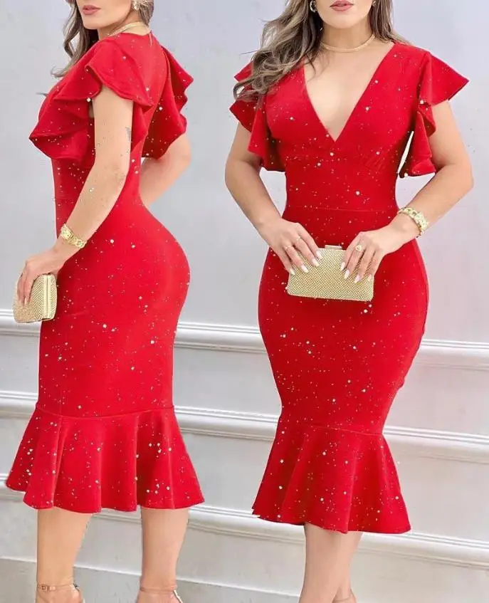 

Женское блестящее платье-русалка, элегантное однотонное облегающее платье средней длины с V-образным вырезом и рукавами-фонариками для веч...