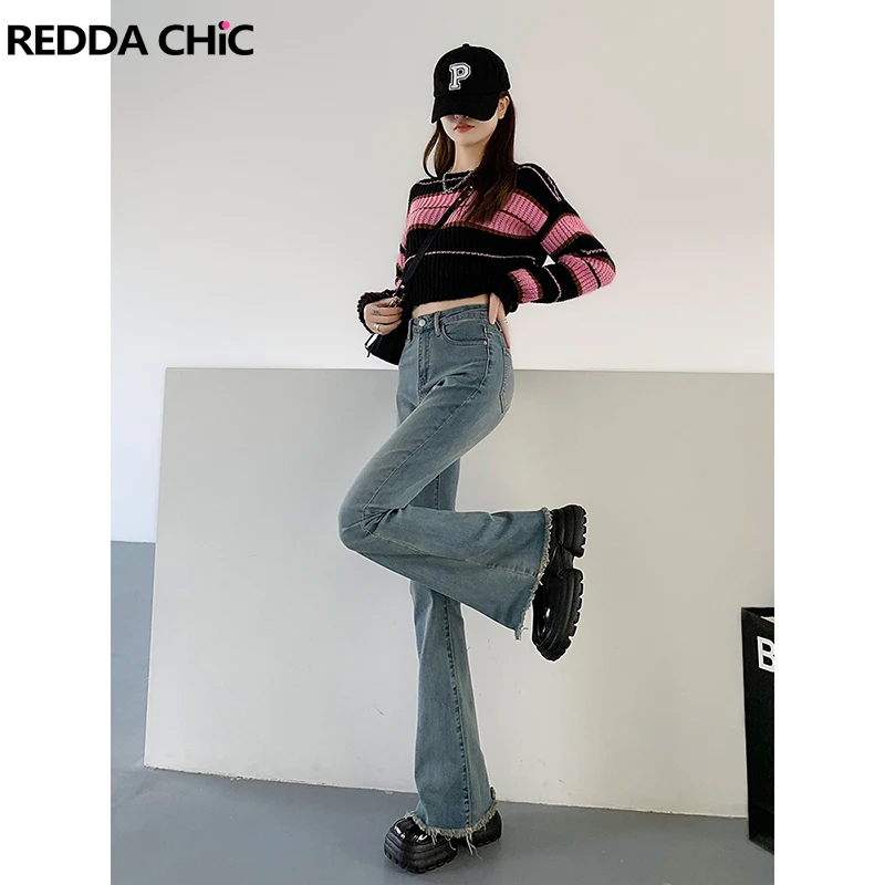 

REDDACHiC Tall Girl Friendly Flared Jeans for Women Blue Plain Casual Pants Raw Hem Slim Fit Stretchy High Waist Ladies Trousers