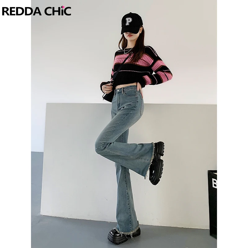 

Женские расклешенные джинсы REDDACHiC для высоких девушек, синие простые повседневные брюки с необработанным подолом, облегающие эластичные женские брюки с высокой талией