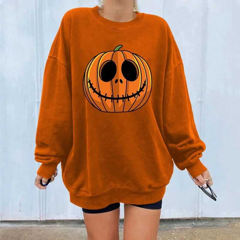Women Sweatshirts Autumn Casual Vintage Pumpkin Print Halloween Round Collar Harajuku Oversized Hooded Pullover Tops 2022 New