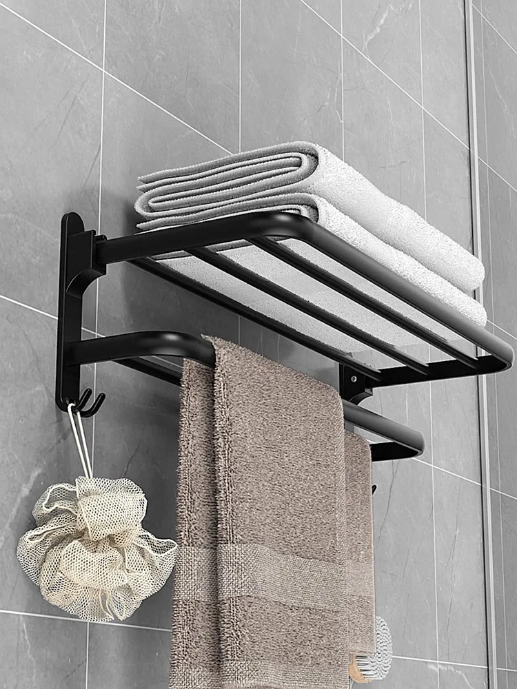 

Towel Rack 40-50 CM Folding Holder With Hook Bathroom Accessories Wall Mount Rail Shower Hanger Aluminum Bar Matte Black Shelf