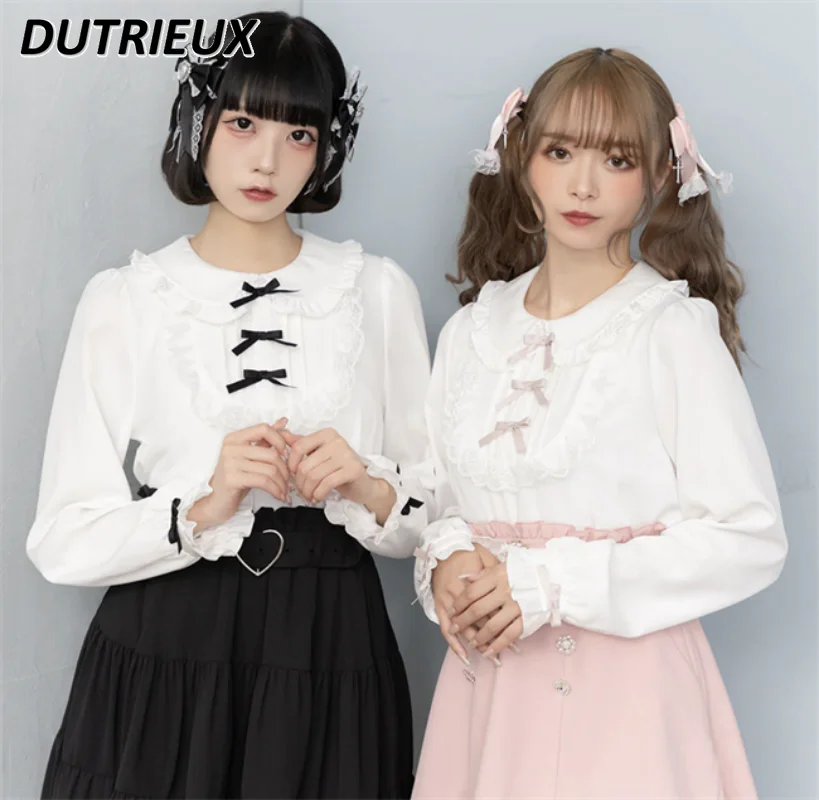 

Japanese Style Lolita Sweet and Cute Doll Collar Tops U-Shaped Lace Bow Long Sleeve All-Matching White Shirt for Spring