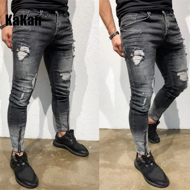 Kakan - New European and American Trend Distressed Small Leg Jeans for Men, Black Leg Zipper Stretch Long Jeans K45-NK52