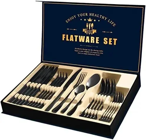 

Silverware Set，24-Piece Steel Flatware Service for 6, Mirror Finish Cutlery Set with Gift Box (Black) Cubiertos portatiles co