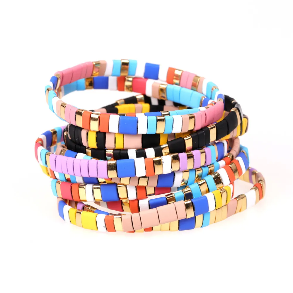 

European and American Men's and Women's New Paint Mix and Match Candy Color Woven Elastic Bracelet Fashion Personality Beading