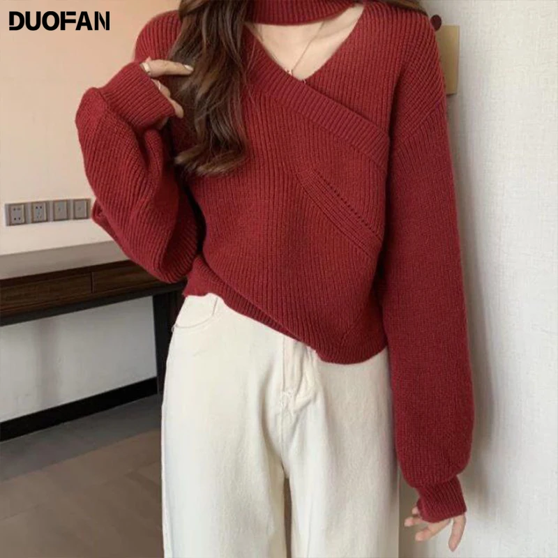 

Женский трикотажный пуловер с V-образным вырезом, на осень и зиму