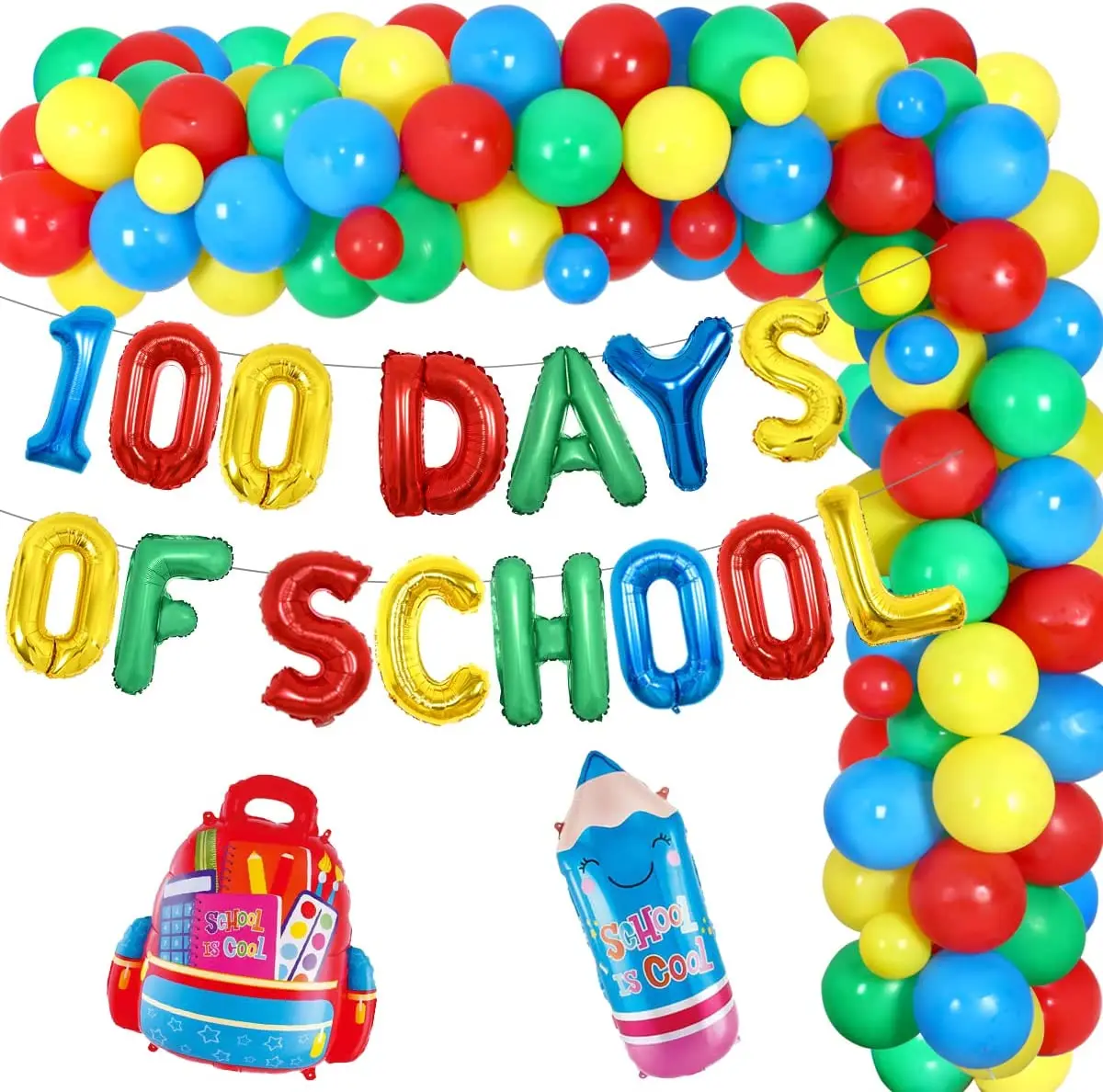 

100 Days of School Balloon Garland Kit with School Bag Pencil Balloon Kindergarten Pre-School Happy 100th Day of School Supplies