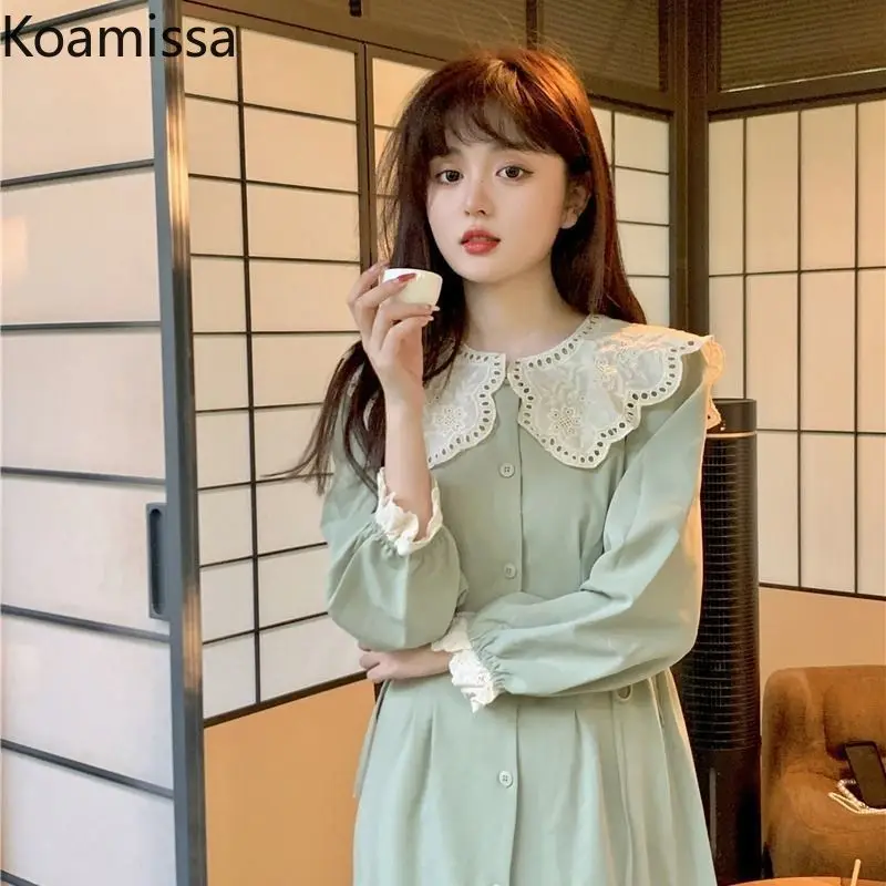 Koamissa Spring 2022 New Arrivals Dress Women Chic Sweet Maxi Bodycon Dress Long Sleeves Peter Pan Collar Outwear Vestidos