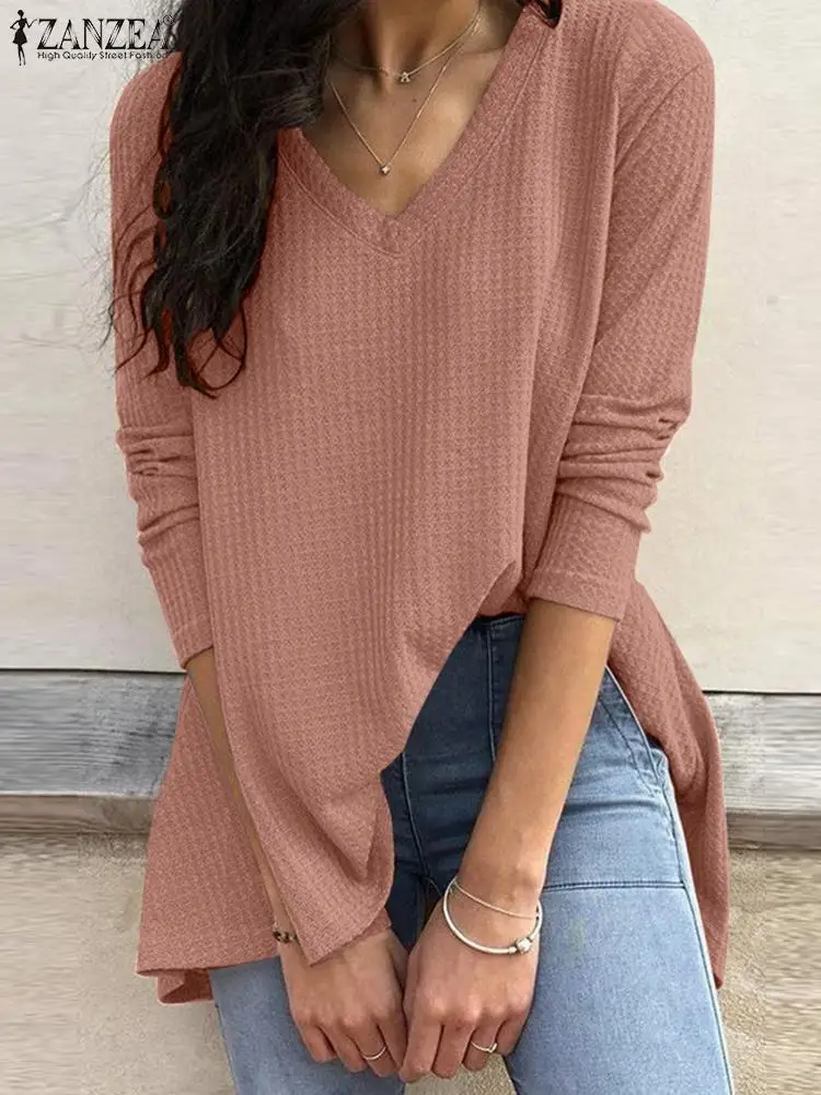 

Oversized ZANZEA Women Fashion T-shirts Tees Ladies Ruffle Knitted Tops Tunic 2022 Spring Casual Solid Long Sleeve Loose Blusa