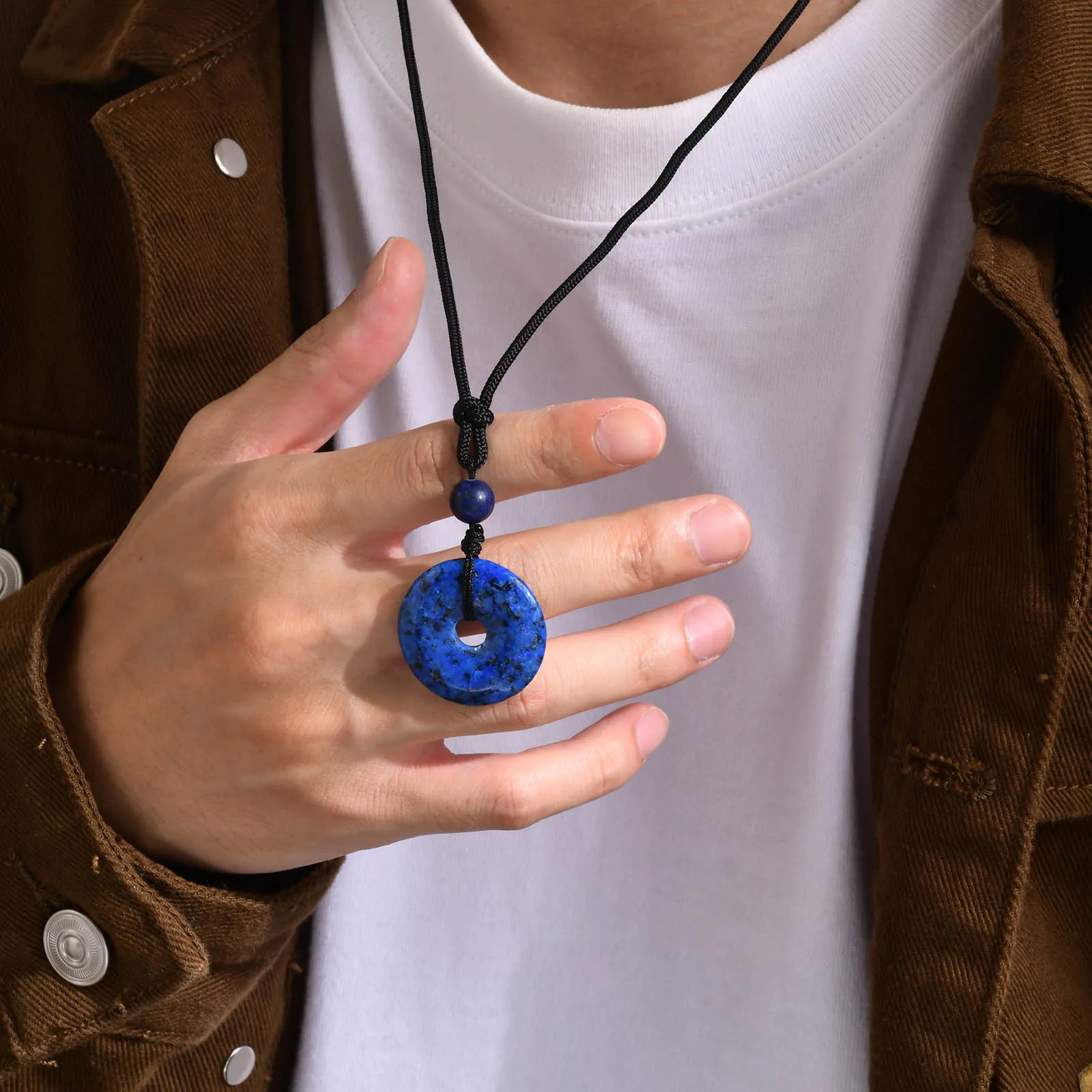 

Retro Circle Nature Stone Agate 30mm Amulet Lucky Pendant Necklaces for Men,Gifts Jewelry Lapis Lazuli Clasp Necklace Rope Chain