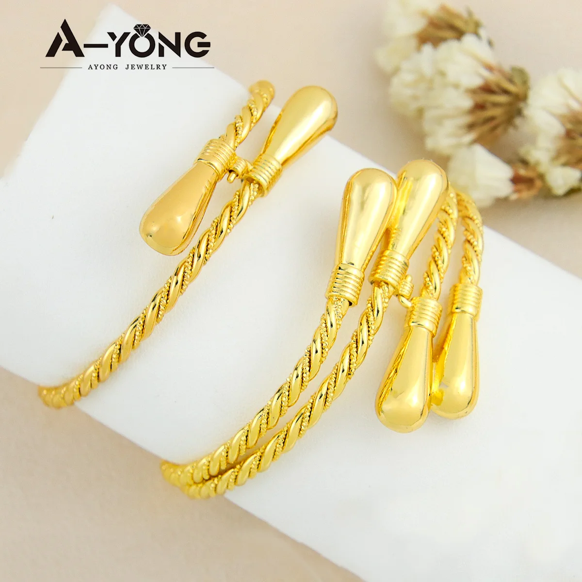 

AYONG Copper Twisted Bangle 21k Gold Plated Single Double Layers Bracelets Cuff Bracelet Ethiopian African Dubai Wedding Party