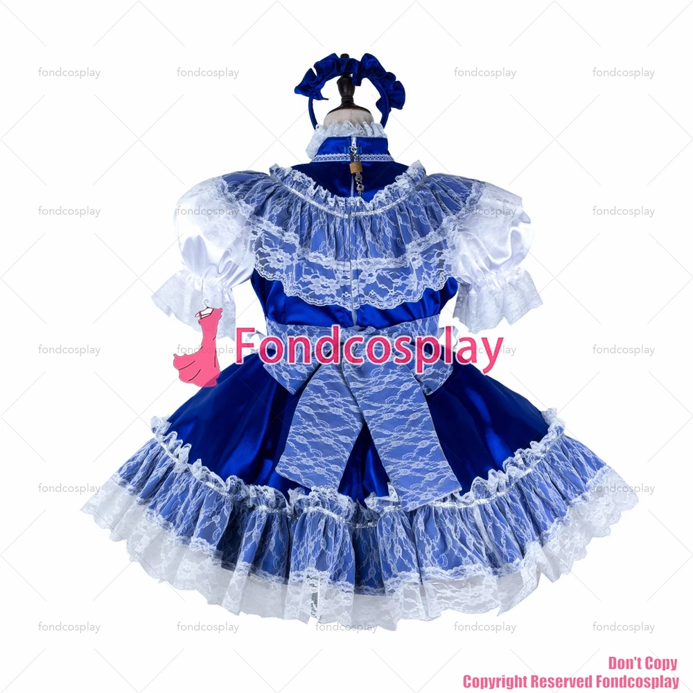 Фондкосплей взрослых сексуальный костюм служанки-мальчика в коротком голубом атласном платье с блокирующим униформу белым фартуком из кружева CD/TV[G2307] on.