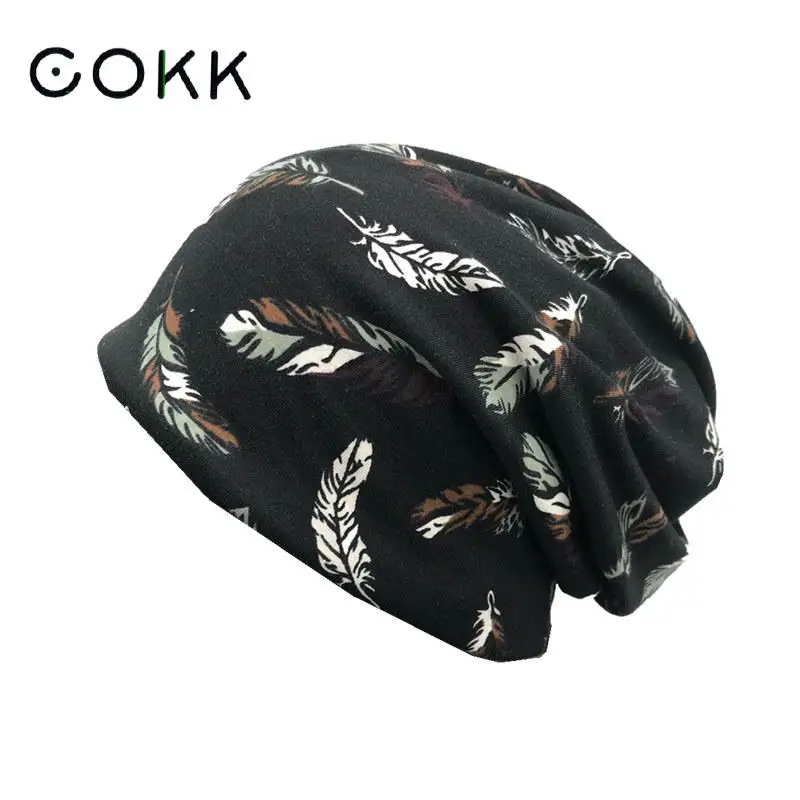 

COKK Hat Women Beanies Spring Autumn Cotton Hats For Women Men Headwrap Baggy Cap Feather Pattern Bonnet Gorro Casual Headgear