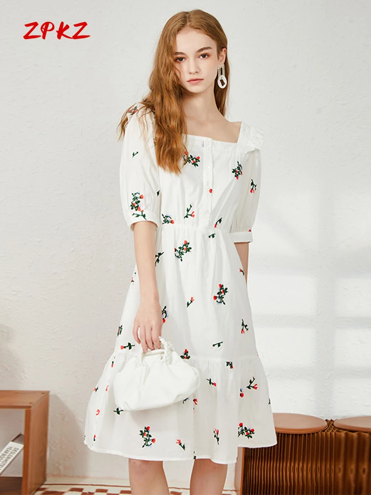 

Платье женское белое с вышивкой, коротким рукавом и квадратным вырезом